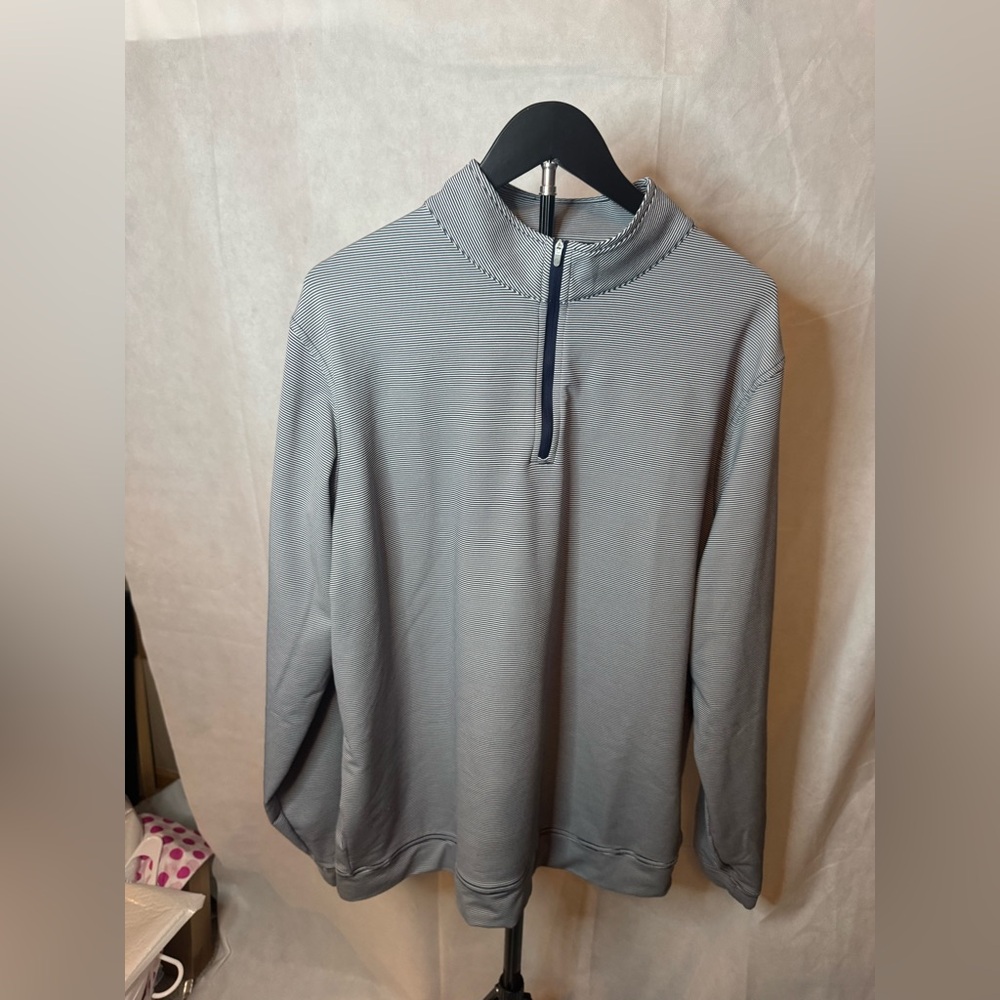 Peter Millar Men's Light Gray Quarter-Zip Pullover with Navy Trim
